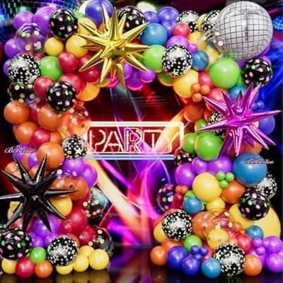 Neon Birthday Party Decorations-176Pcs Neon Balloon Arch Kit with Glow Dot Balloons & 3PCS Star Balloons for 80s 90s Disco Theme Party Decorations