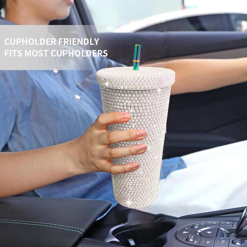 26oz Bling Rhinestone Studded Tumbler with Lid and Straws, Bling Cups Stainless Steel Water Bottle Diamond Glitter Tumbler for Women - Birthday Gifts for Women, Mom,Get Well Soon Gifts (White) view 5