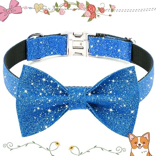 Jumpress Blue Boy Dog Collar with Bow, Bling Male Bowtie Dog Collar for Puppy Small Dogs and Cats, Cute Dog Collar for Daily Walking or Holiday Party (Neck fit 9-12’’) view 2