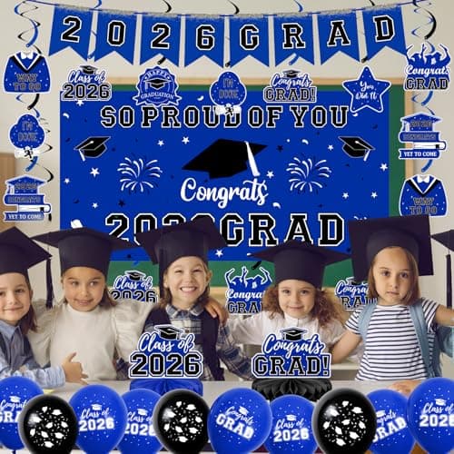Graduation Decorations 2026 Blue Themed Grad Party Decor Set Backdrop Balloons Banner Honeycomb Centerpiece Hanging Swirl Kit Graduation Party Supplies for College High School Any Grade view 6