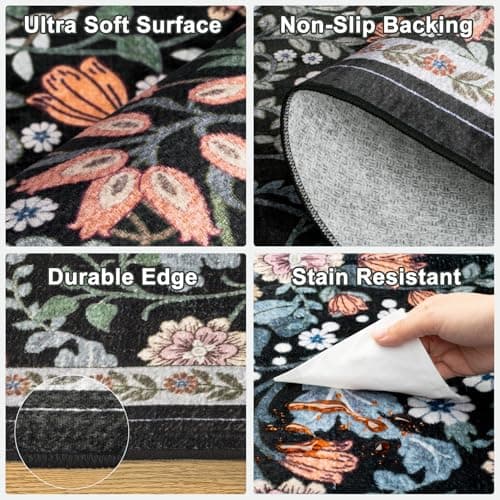 Area Rugs 9x12 Living Room: Floral Washable Rug Vintage Large Soft Boho Non-Slip Carpet Indoor Stain Resistant Low Pile Carpets for Bedroom Dining Room Farmhouse Nursery Hallway Home Office Dark Black view 6