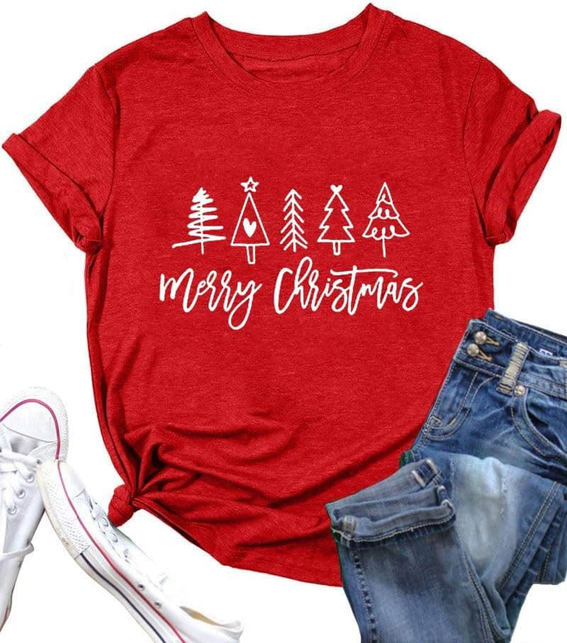 DESFSE Merry Christmas Shirts for Women Christmas Short Sleeve Tshirt Xmas Buffalo Plaid Tree Cute Graphic Print Tee Tops view 3