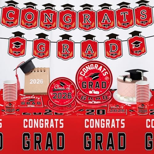 OHOME 2026 Graduation Decorations - Graduation Decorations Class of 2026 - Serve 24 - Red Plates Tablecloth Napkins Cups Banner- Graduation Party Favors Supplies view 3