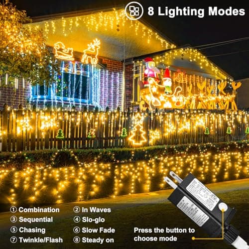 Nielfoi Warm White Christmas Lights Outdoor, 66ft 640 LED Icicle Lights for Outside House with Connectable Clear Wire 8 Modes Timer, Plug in Waterproof for Eaves Yard Party Indoor Holiday Decoration view 3