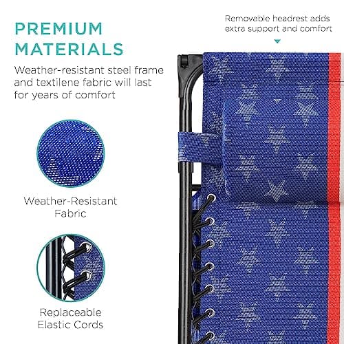 Best Choice Products Folding Zero Gravity Outdoor Recliner Patio Lounge Chair w/Adjustable Canopy Shade, Headrest, Side Accessory Tray, Textilene Mesh - American Flag view 6
