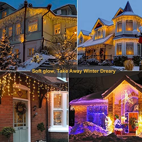 Nielfoi Warm White Christmas Lights Outdoor, 66ft 640 LED Icicle Lights for Outside House with Connectable Clear Wire 8 Modes Timer, Plug in Waterproof for Eaves Yard Party Indoor Holiday Decoration view 4