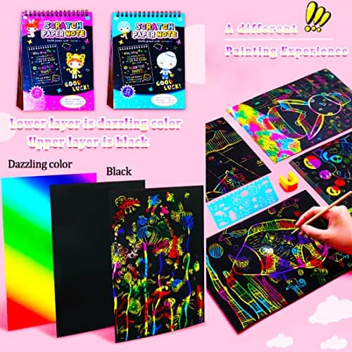 JUNQIU Scratch Paper Art for Kids, 2 Pack Bulk Rainbow Scratch Paper Crafts Toys for 3 4 5 6 7 8 9 10 Years Old Girls Kids Birthday Gifts view 3