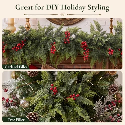 12 Artificial Christmas Cedar Branches, 17.5", with 3 Red Berry Picks | Real Touch Pine Stems with Red Berry Accents for Planters, Vases, Wreaths, Garlands, Mantels and Christmas Decor view 4