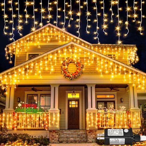 Nielfoi Warm White Christmas Lights Outdoor, 66ft 640 LED Icicle Lights for Outside House with Connectable Clear Wire 8 Modes Timer, Plug in Waterproof for Eaves Yard Party Indoor Holiday Decoration view 1