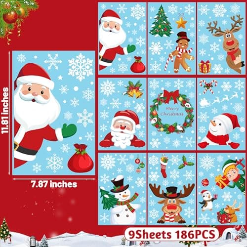 186PCS Christmas Decor, Christmas Window Clings, 9 Sheets Snowflake Window Stickers Decals with Santa Claus Snowman Reindeer, PVC Xmas Decorations Clings for Holiday Party Decorations Accessories view 3
