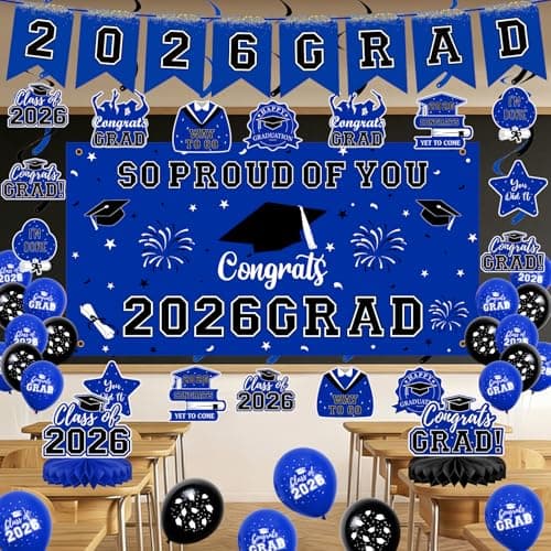 Graduation Decorations 2026 Blue Themed Grad Party Decor Set Backdrop Balloons Banner Honeycomb Centerpiece Hanging Swirl Kit Graduation Party Supplies for College High School Any Grade view 4