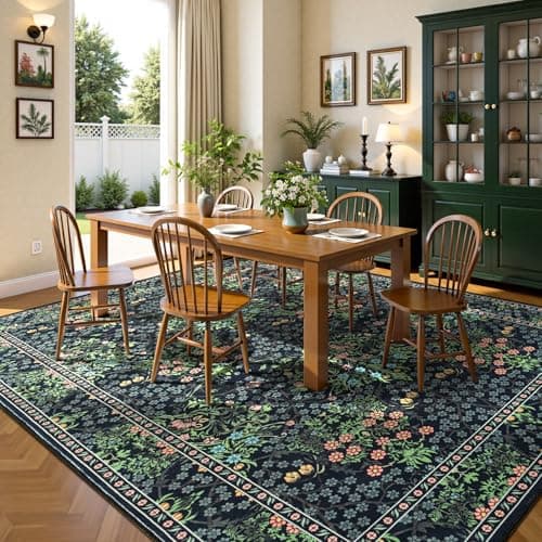 Lessymo Floral Black Green Washable Rugs 8x10, Living Room Area Rug Non Slip Boho Low Plie Large Carpet for Bedroom Dining Room Home Office, Vintage Flower Decor Distressed Retro Indoor view 3