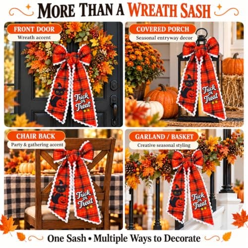 Wreath Sash for Front Door, 5" x 55" Halloween Bow Sash Plaid Ribbon view 4