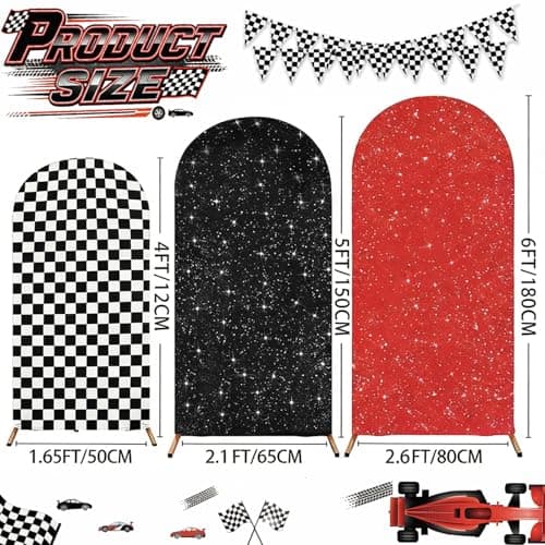 3PCS Arch Backdrop Cover Set (4,5,6FT) for Monster Truck Car Birthday Party Decorations, Boys Race Car Theme Background with Checkered Arch Covers view 2