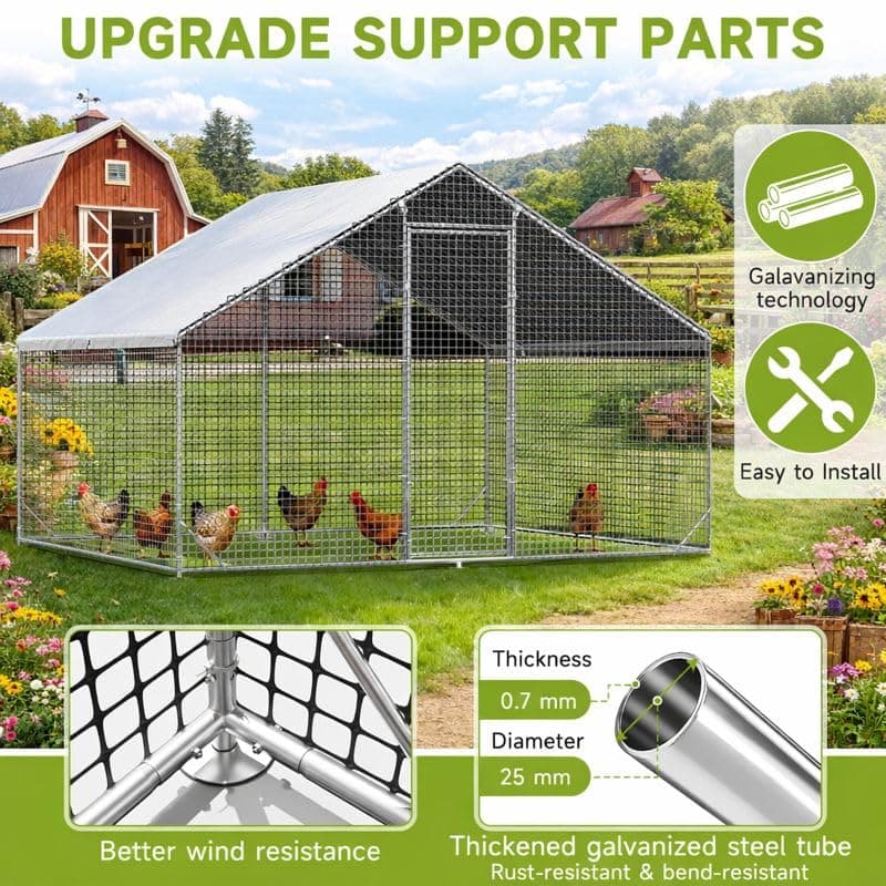 Large Walk-in Chicken Coop with Chicken Run, Galvanized Poultry Enclosure with Waterproof Anti-UV Cover and Security Lock, Ideal for Rabbit, Duck, Backyard and Farm Yard，9.8'x 6.6'x 6.6' view 6