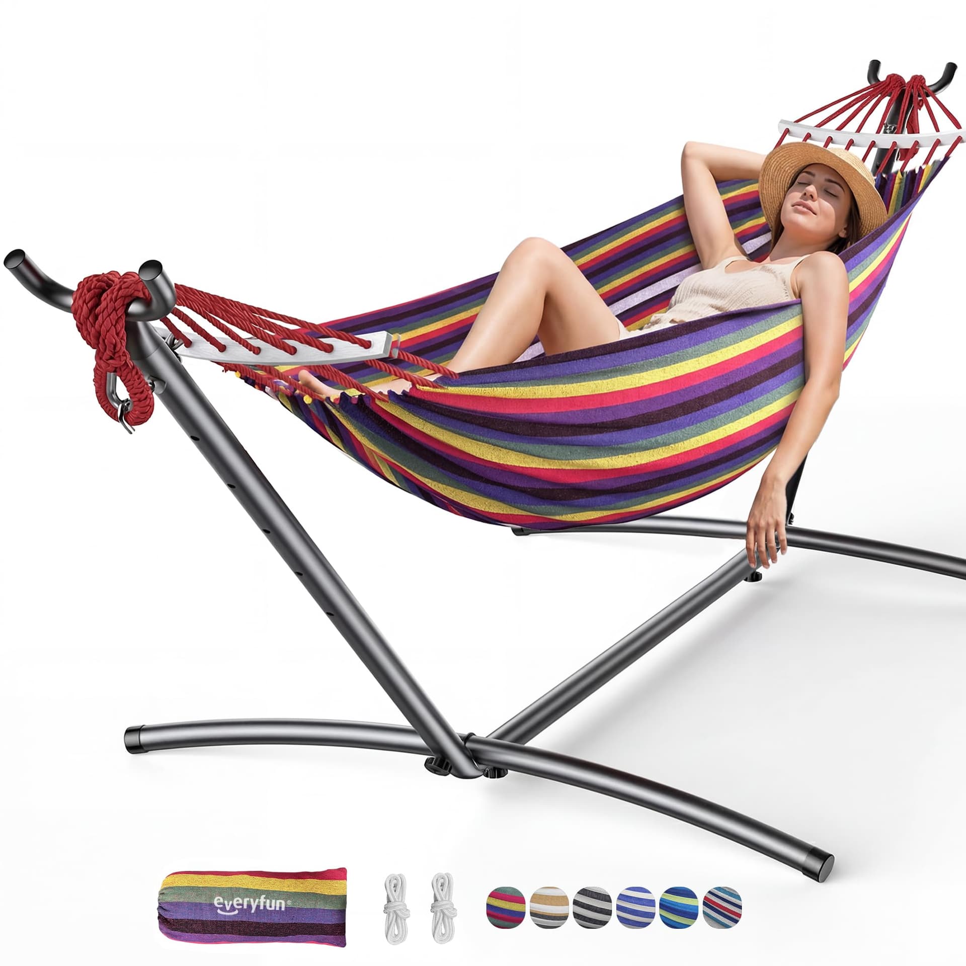 Double Hammock with Stand for 2 Person, 600 lb Capacity, Rainbow