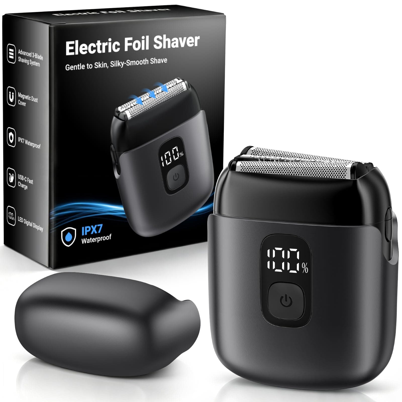 Electric Razor for Men, Foil Shaver, USB-C Charging, 3 Foil Blades, LED Battery Indicator, IPX7 Waterproof, Travel Lock, Grey