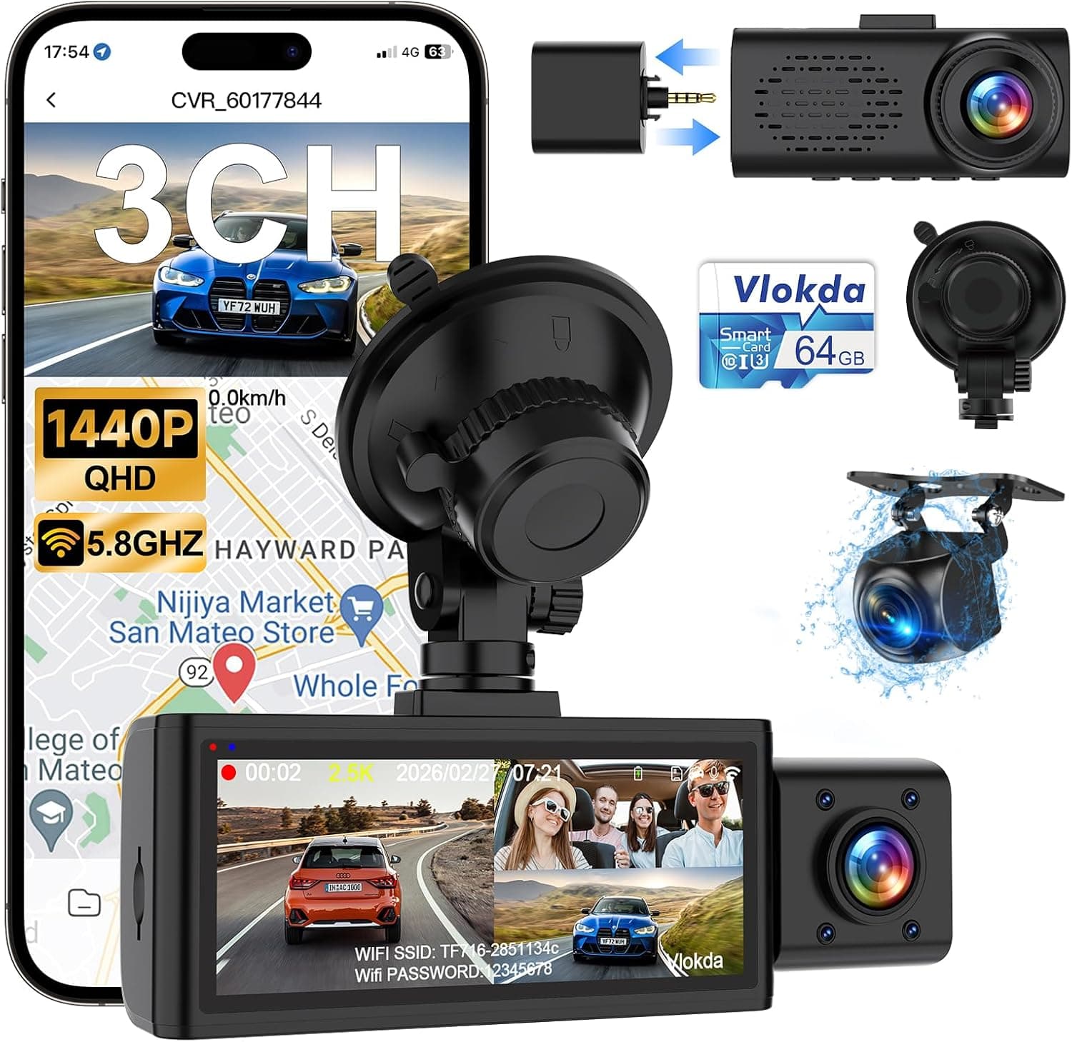 VLOKDA 3 Channel Dash Cam Front Inside Rear