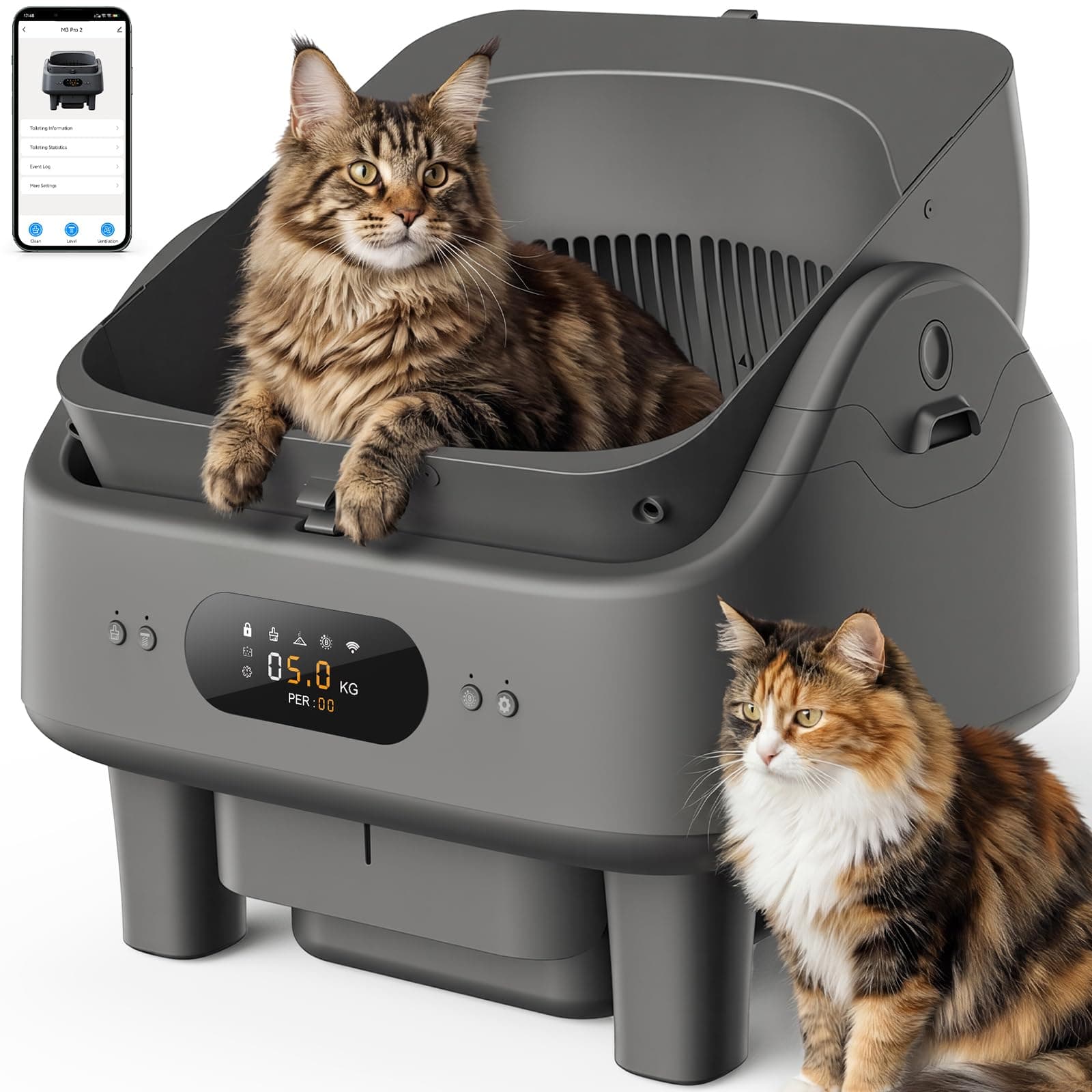Open Top Self Cleaning Litter Box, Automatic Cat Litter Box for Multiple Large Cats with APP Control, 10 Safety Sensors, 6" LED Display, Quiet Odor Control, Trash Bags, Cat Stair, Litter Mat, 5G WiFi
