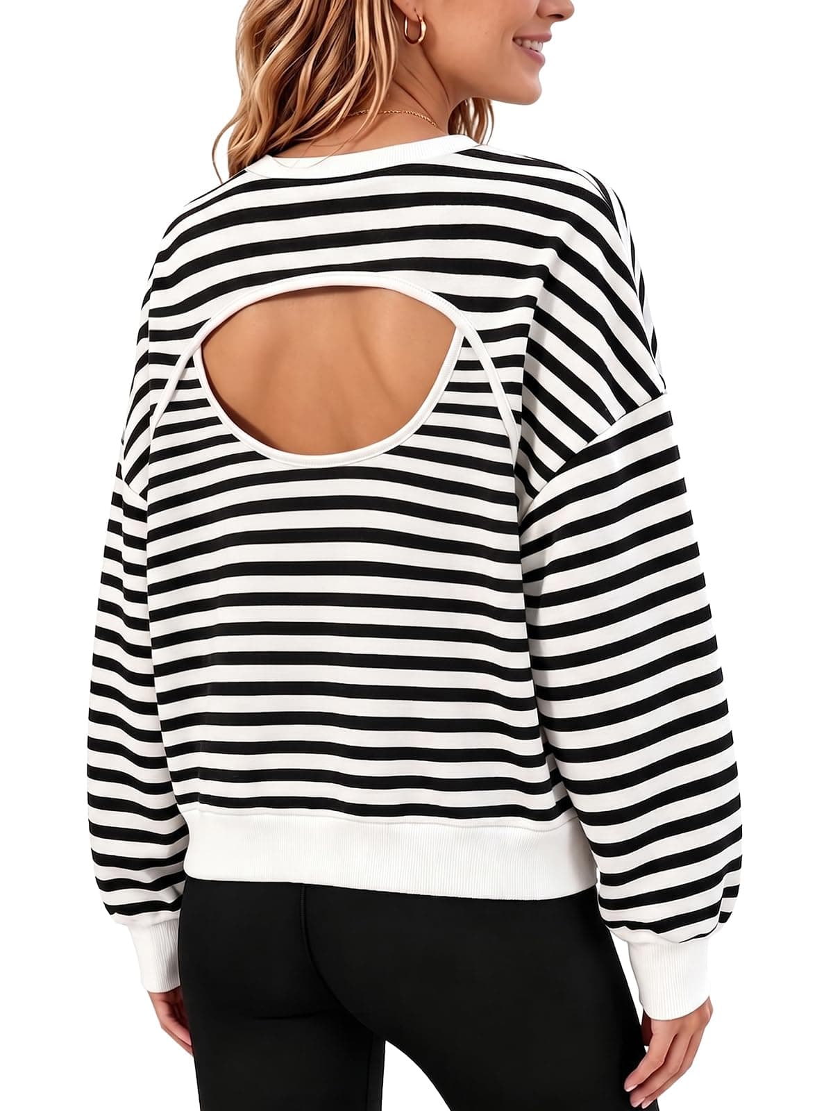 Fisoew Womens Oversized Striped Sweatshirts Casual Open Back Pullover Tops