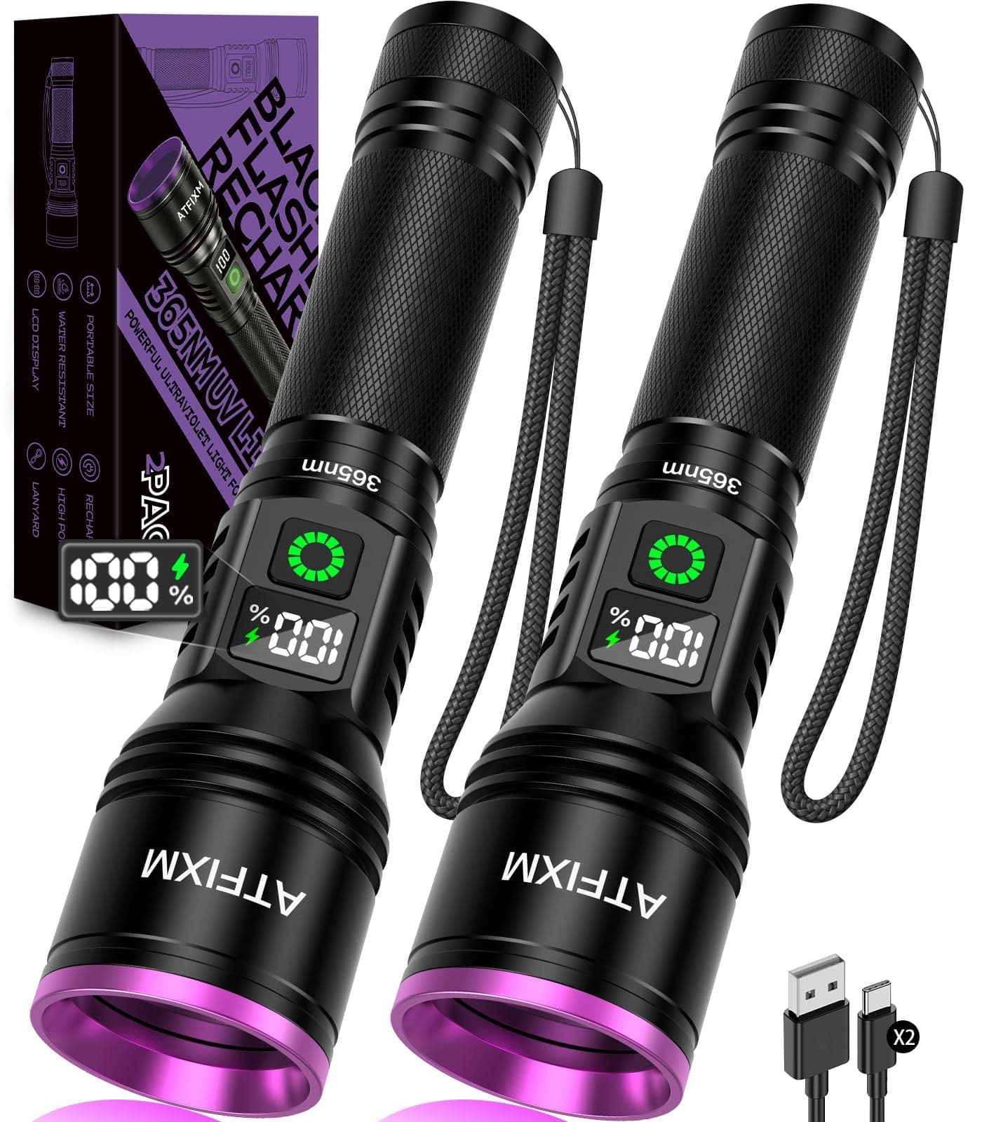 2Pack Black Light UV Flashlight Rechargeable