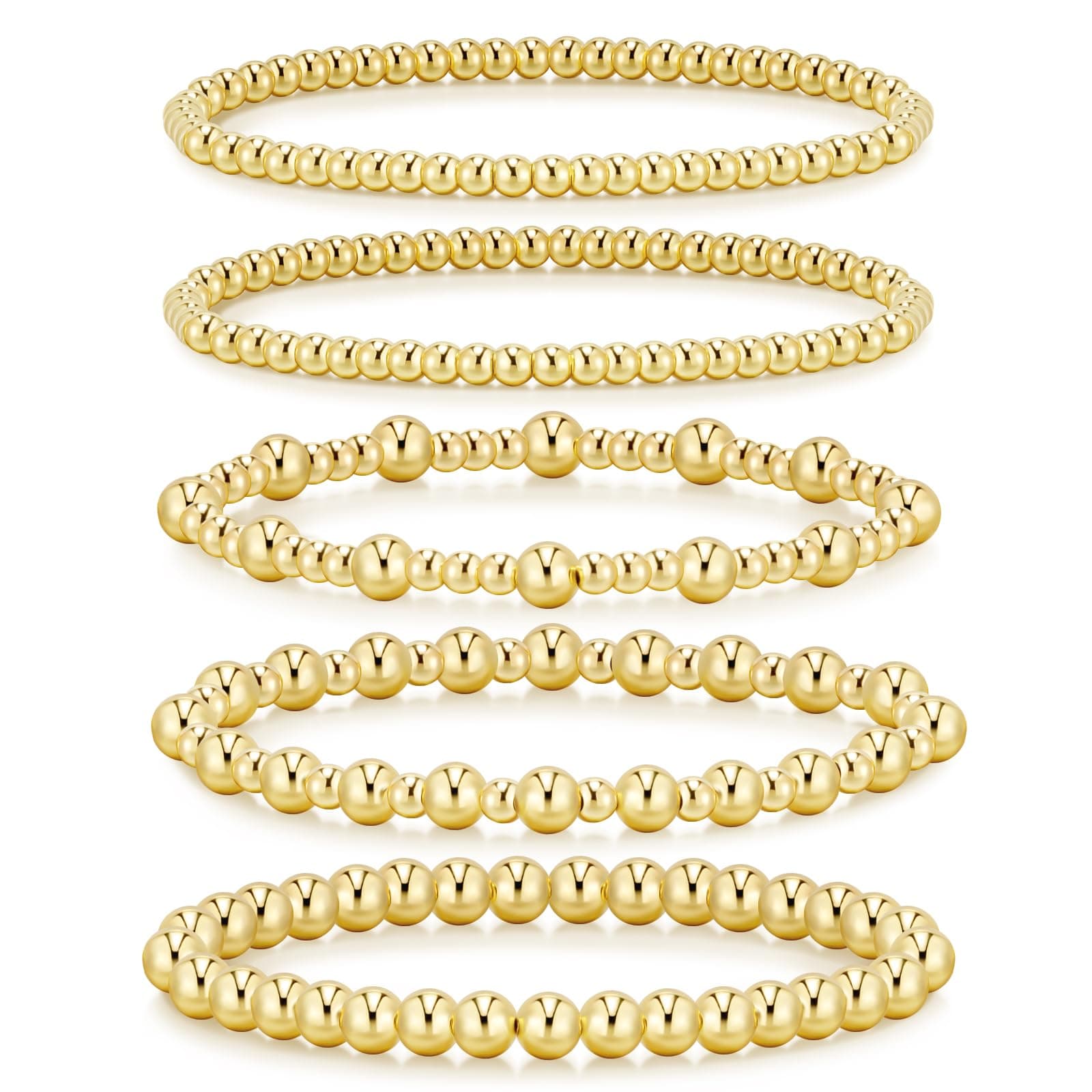 Gold Bracelets for Women Waterproof, 14K Gold Plated Beaded Strand Bead Ball Bracelets stack Adjustable Jewelry Set for Gifts
