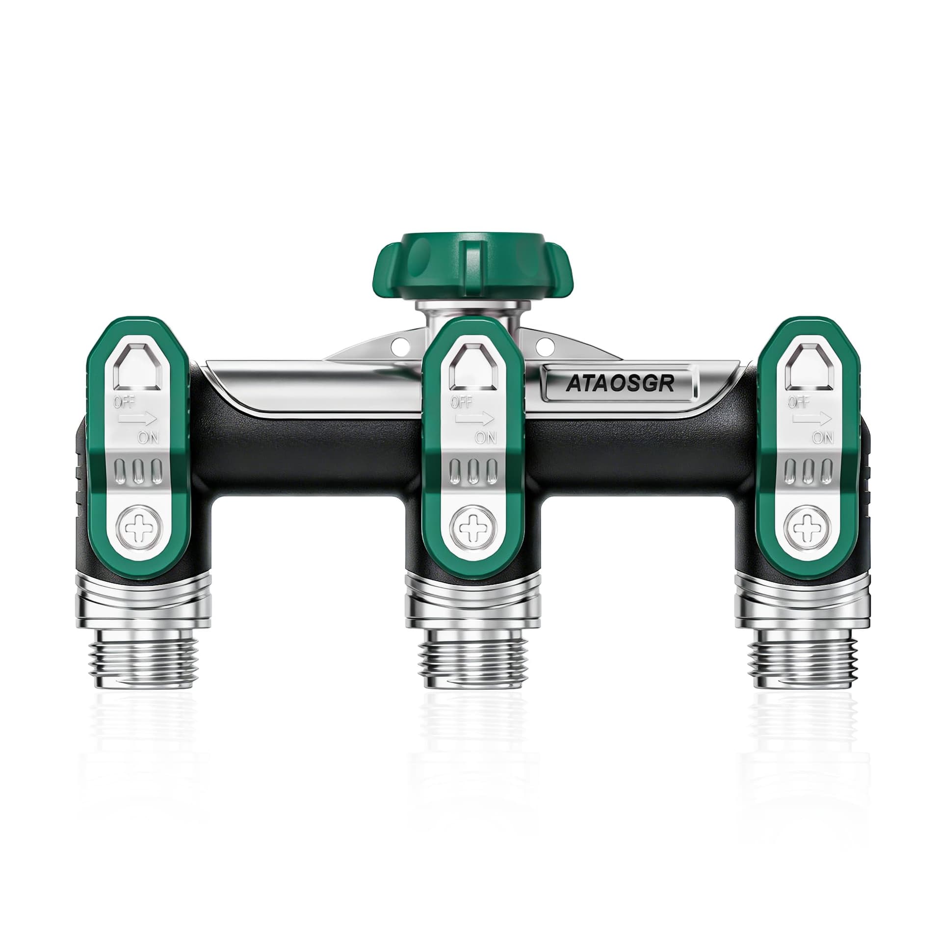 Garden Hose Splitter 3 Way, Heavy Duty Metal, 3/4" GHT, Green 2.48" Easy-Turn Handles, 3 Independent Shutoff Valves, Full-Flow 0.59" Outlets for Timers, Sprinklers & Irrigation