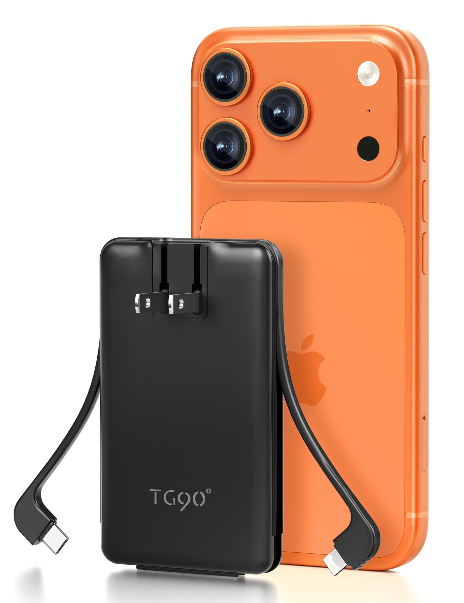 TG90° 5000mah Ultra Slim Power Bank Built-in AC Plug & 2 Cables,Black