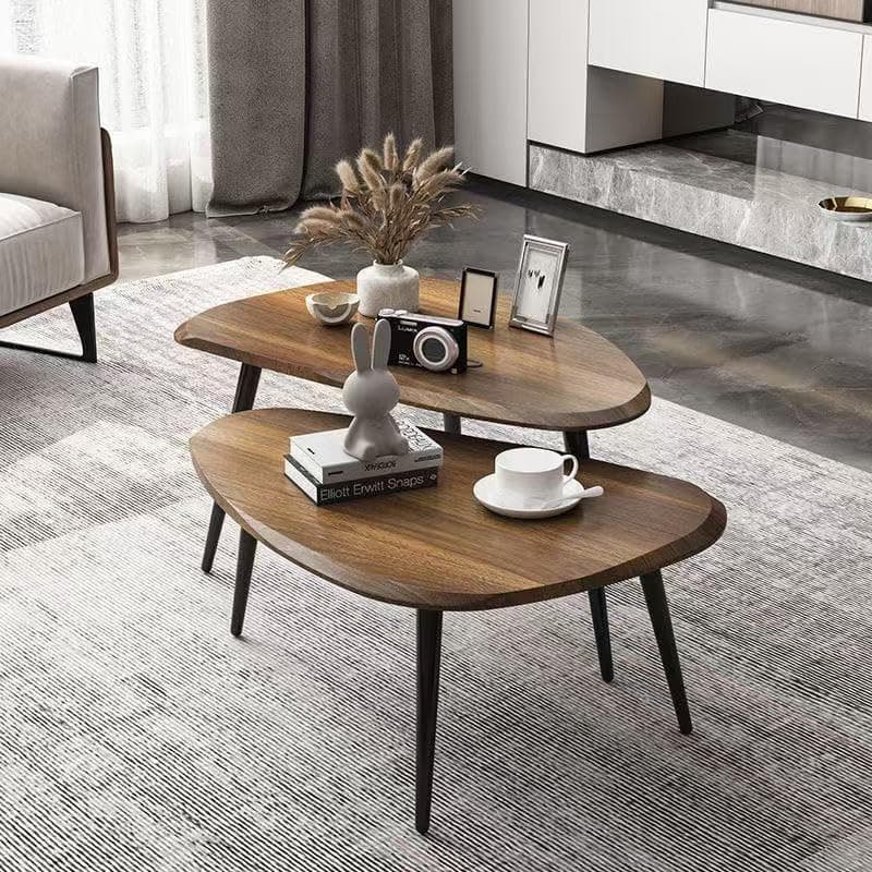 Nesting Coffee Table Set,Mid Century Modern Coffee Nesting Table, Solid Wood Triangle Oval Center Table for Small Living Room Apartment Balcony, Walnut — image 1