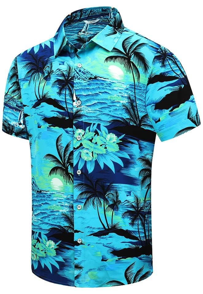SheLucki Hawaiian Shirt for Men, Unisex Summer Beach Casual Short Sleeve Button Down Shirts, Printed Palmshadow Clothing view 3