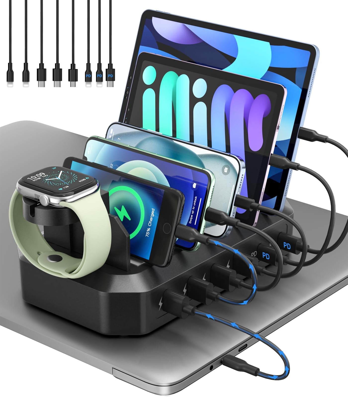95W Fast Charging Station for Multiple Devices, 6-Port USB Charging Dock