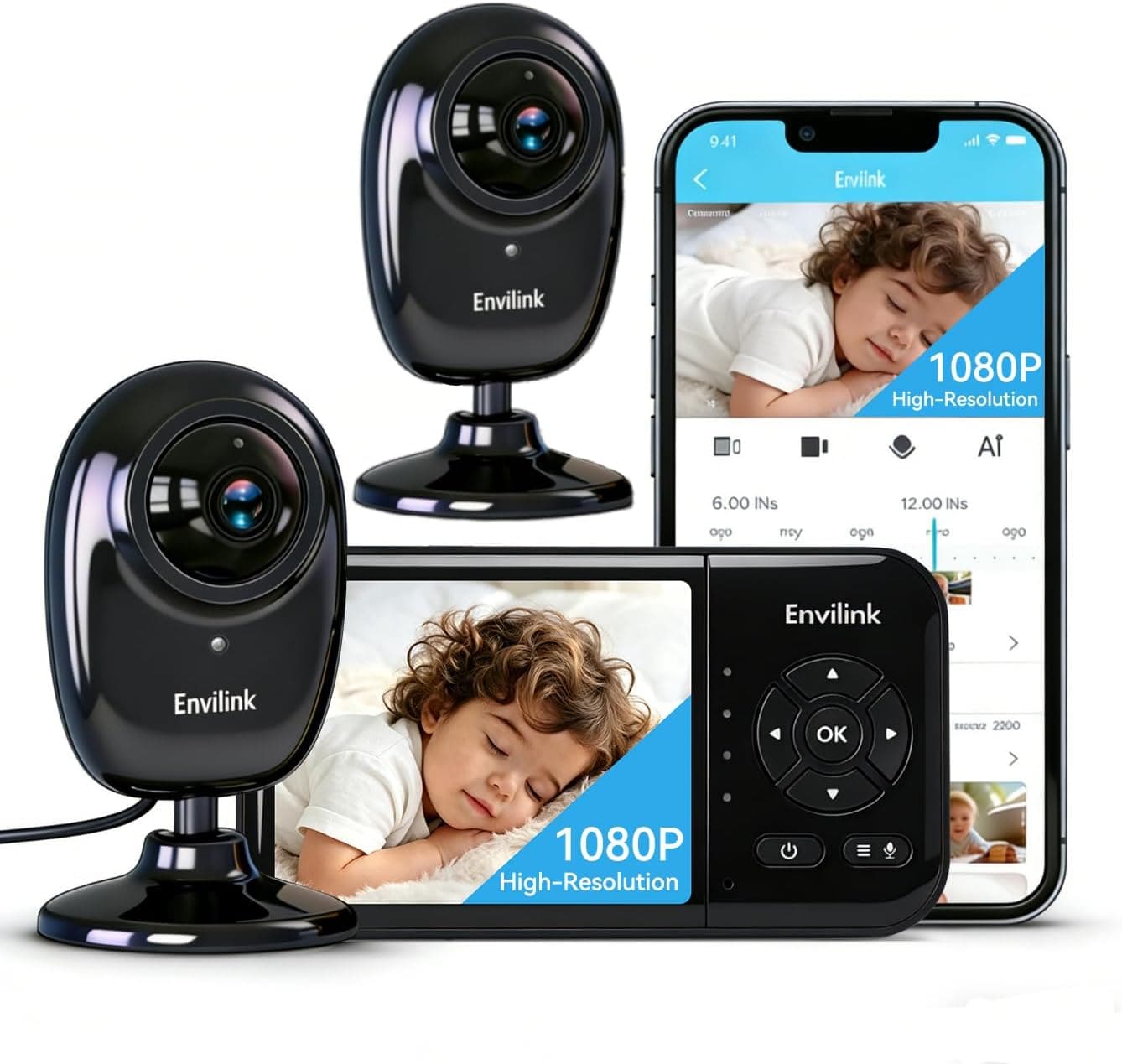 ENVILINK 2 Cameras 1080P No Wifi Baby Monitor