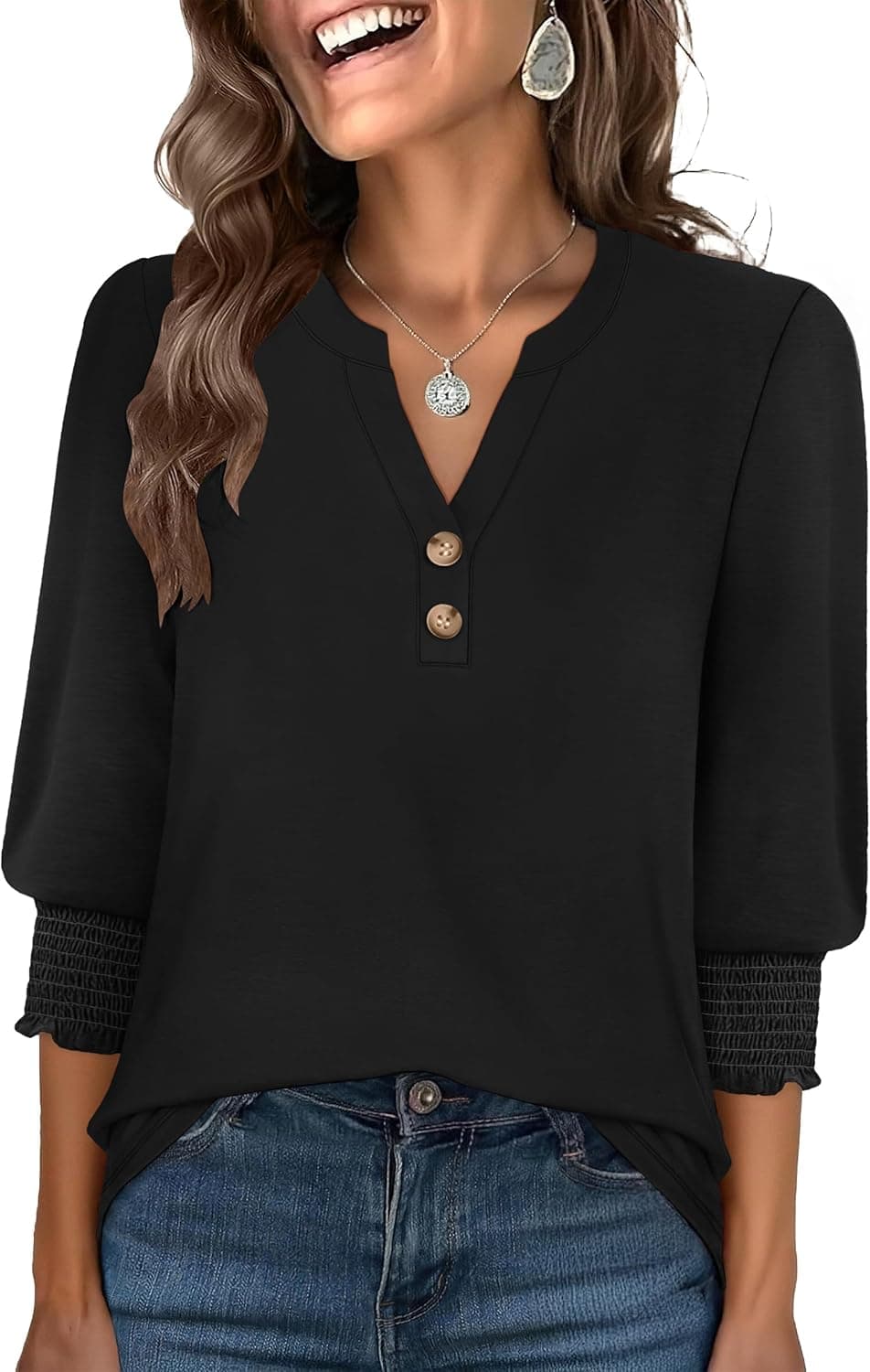 ANRABESS Womens 3/4 Sleeve Henley Blouse