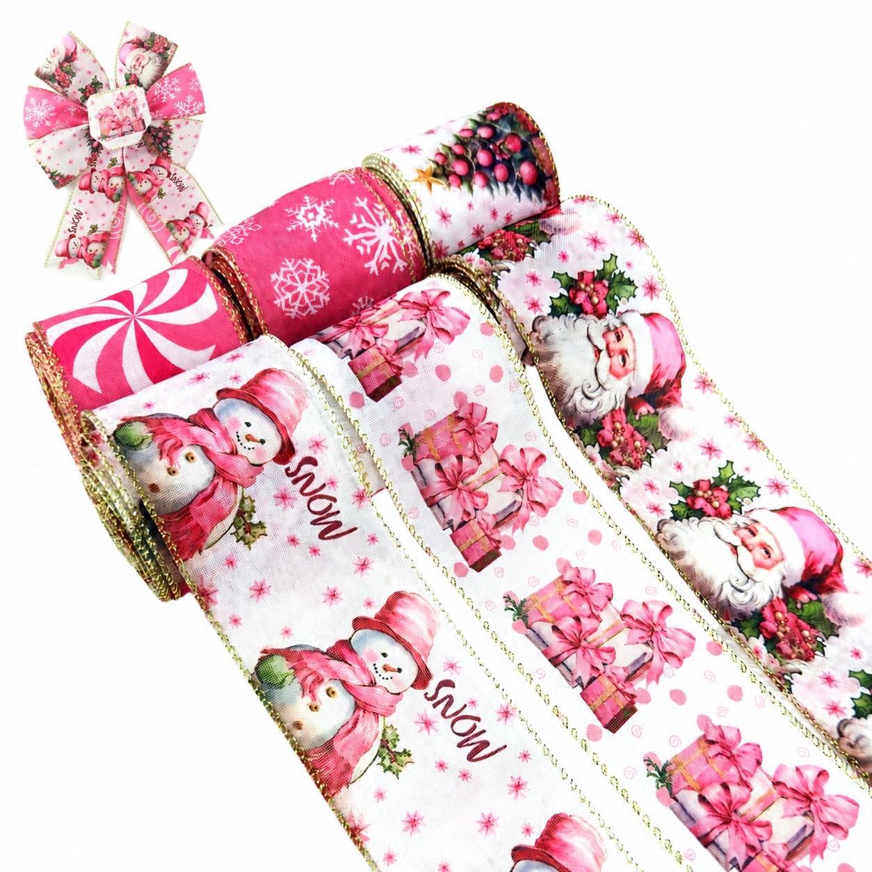 Pink Christmas Wired Edge Ribbon, 2.5 Inch 30 Yards, Santa Snowman Snowflake Patterns, Polyester, 6 Rolls for Wrapping, Bows, Wreaths (Pink&White)