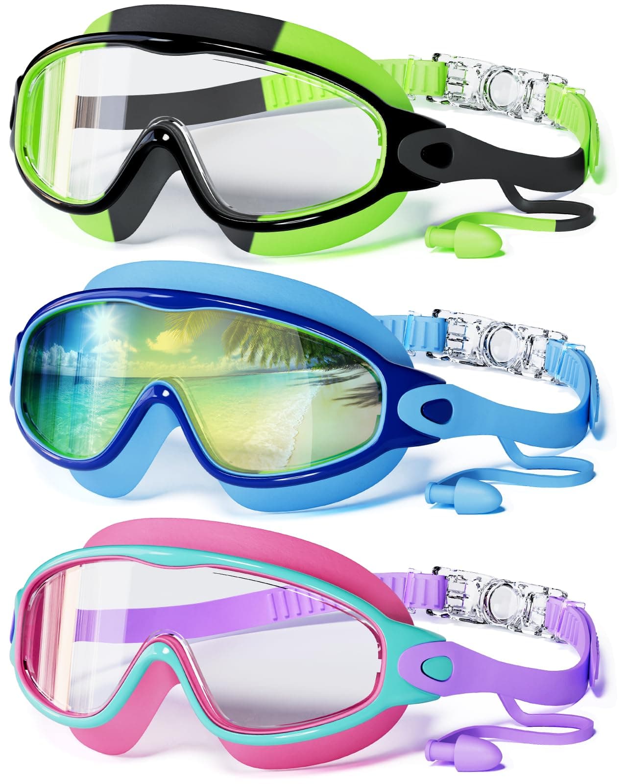 3 Pack Swim Goggles Kids Swimming Goggles with Earplugs Anti-Fog/UV Wide View Goggles for Kids 6-14