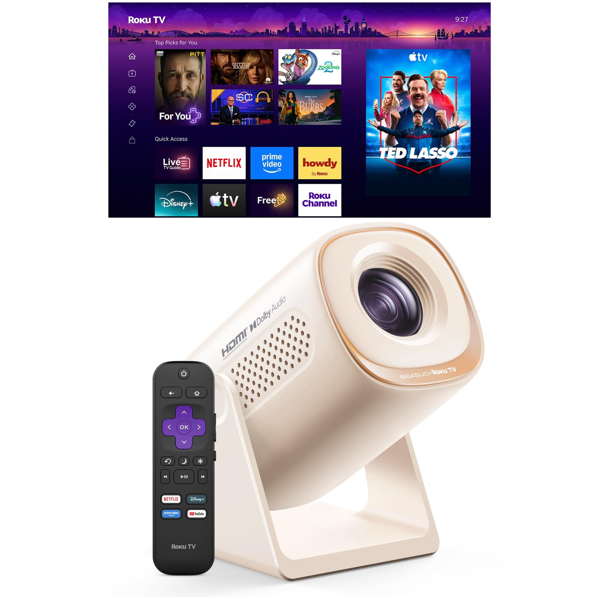 BIGASUO Roku TV Smart Projector with WiFi and Bluetooth