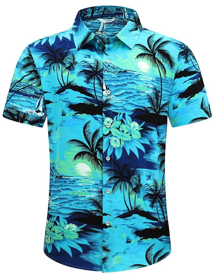 SheLucki Hawaiian Shirt for Men, Unisex Summer Beach Casual Short Sleeve Button Down Shirts, Printed Palmshadow Clothing view 5