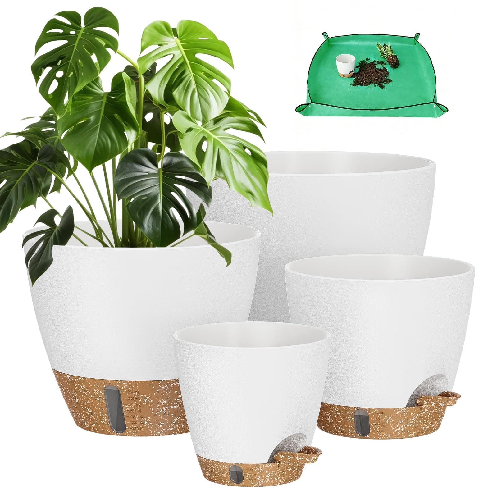 Plant Pots, 12" 10" 6" 8" Inch Self Watering Pots with Water Level Indicator, Set of 5 Flower Pots Indoor with Drainage Holes, Modern Planters for Indoor Outdoor Plants, Room & Office Décor