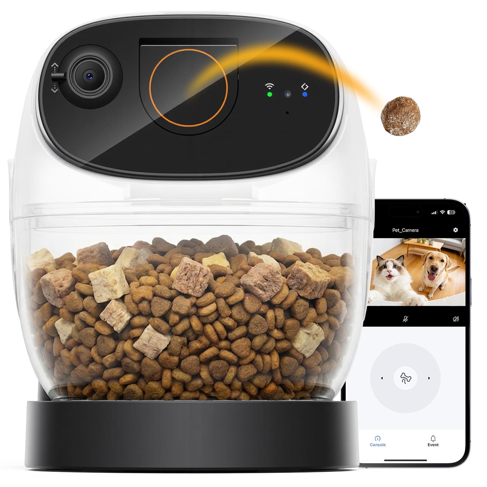 3K Pet Camera Treat Dispenser for Dogs & Cats - 32ft Remote Tossing Security Indoor Cam with 360° View, Phone App, Bark Alert, Privacy Cover, 2.4/5G Dual-Band WiFi, No Subscription - Robot M3