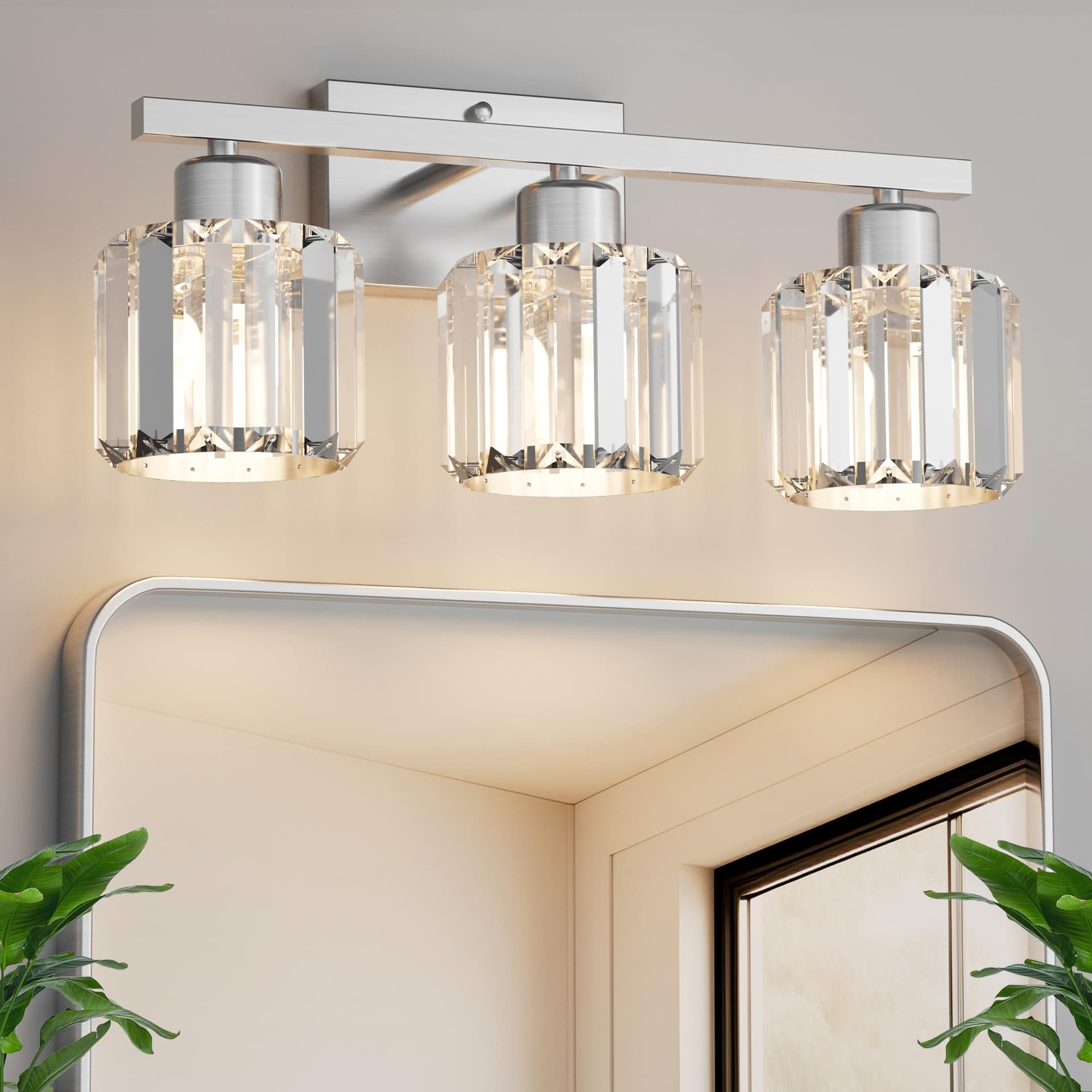 3-Light Bathroom Light Fixtures Over Mirror, Brushed Nickel Crystal Wall Sconce with E26 Base for Mirror Kitchen Living Room Bathroom, Round Crystal Shades (Bulbs Excluded)