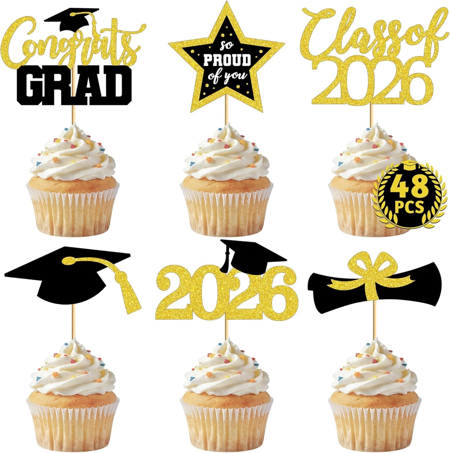 QZYL 48Pcs Graduation Cupcake Toppers