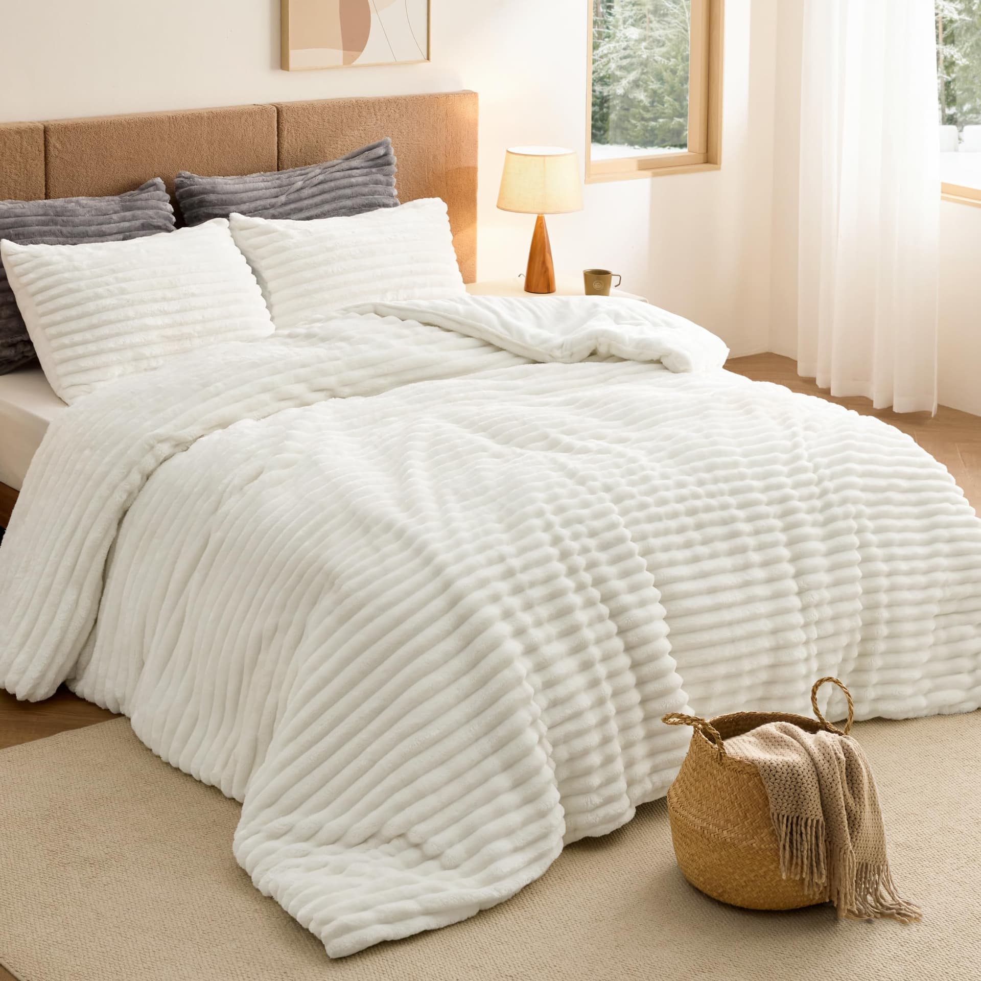 Bedsure Fluffy Comforter Set Queen Size, Cream White, 3 Piece