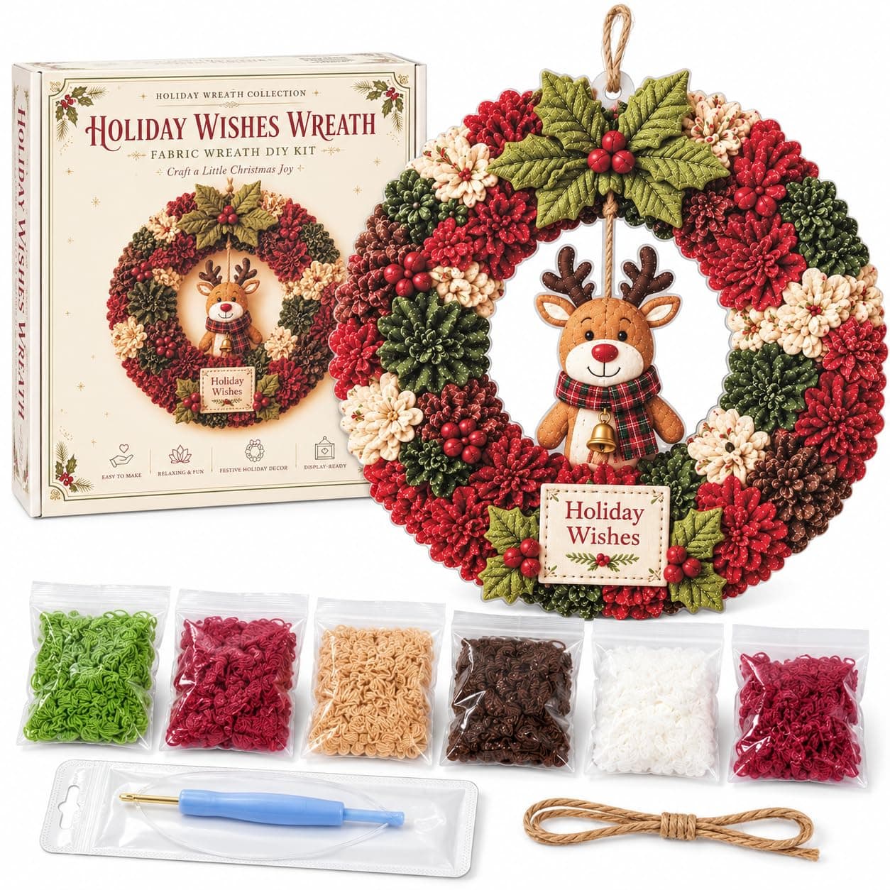 Christmas Wreath Kit 3D Fabric Poke Art, DIY Wreath Making Craft, Reindeer with Holiday Wishes Sign, Holiday Door and Wall Decor