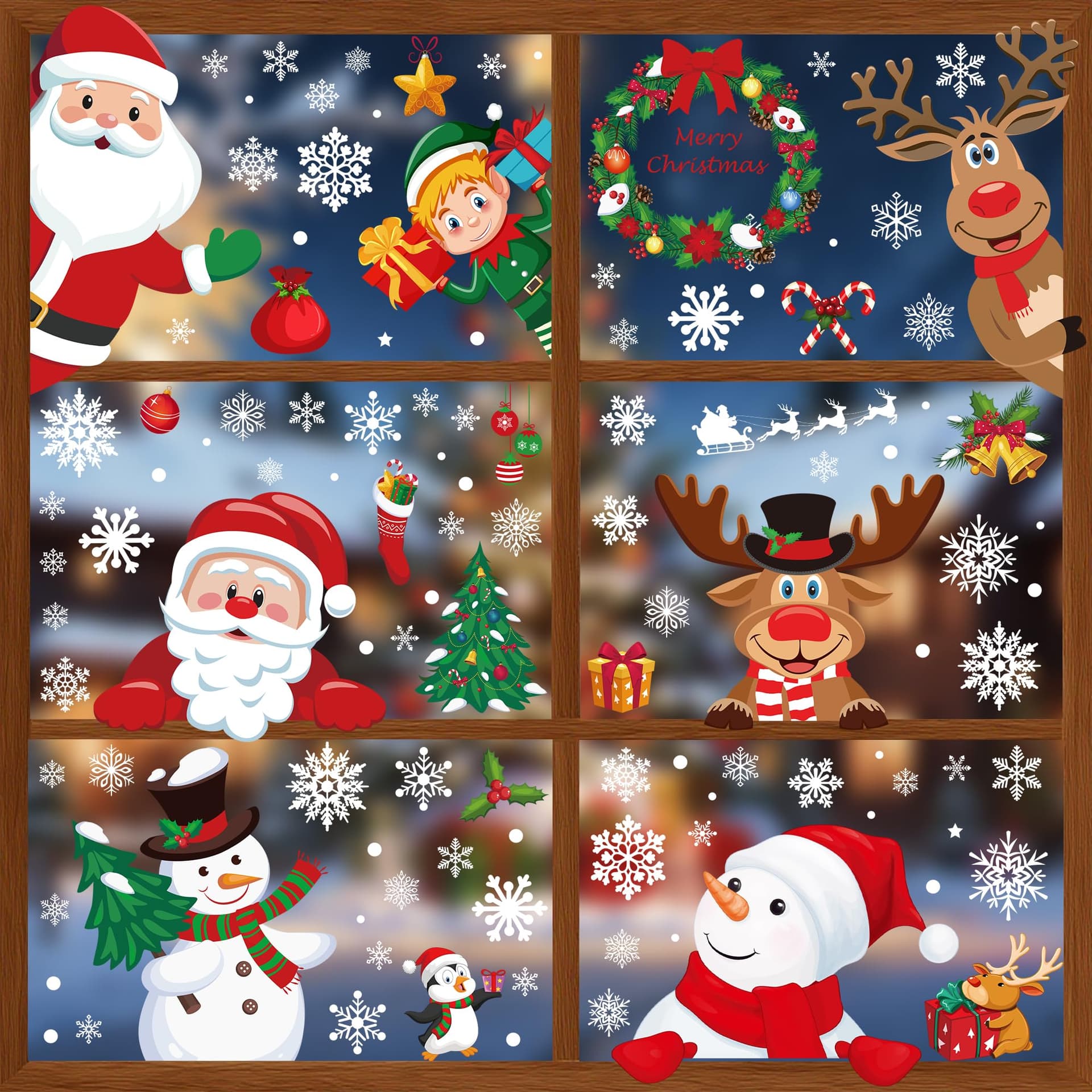 186PCS Christmas Decor, Christmas Window Clings, 9 Sheets Snowflake Window Stickers Decals with Santa Claus Snowman Reindeer, PVC Xmas Decorations Clings for Holiday Party Decorations Accessories