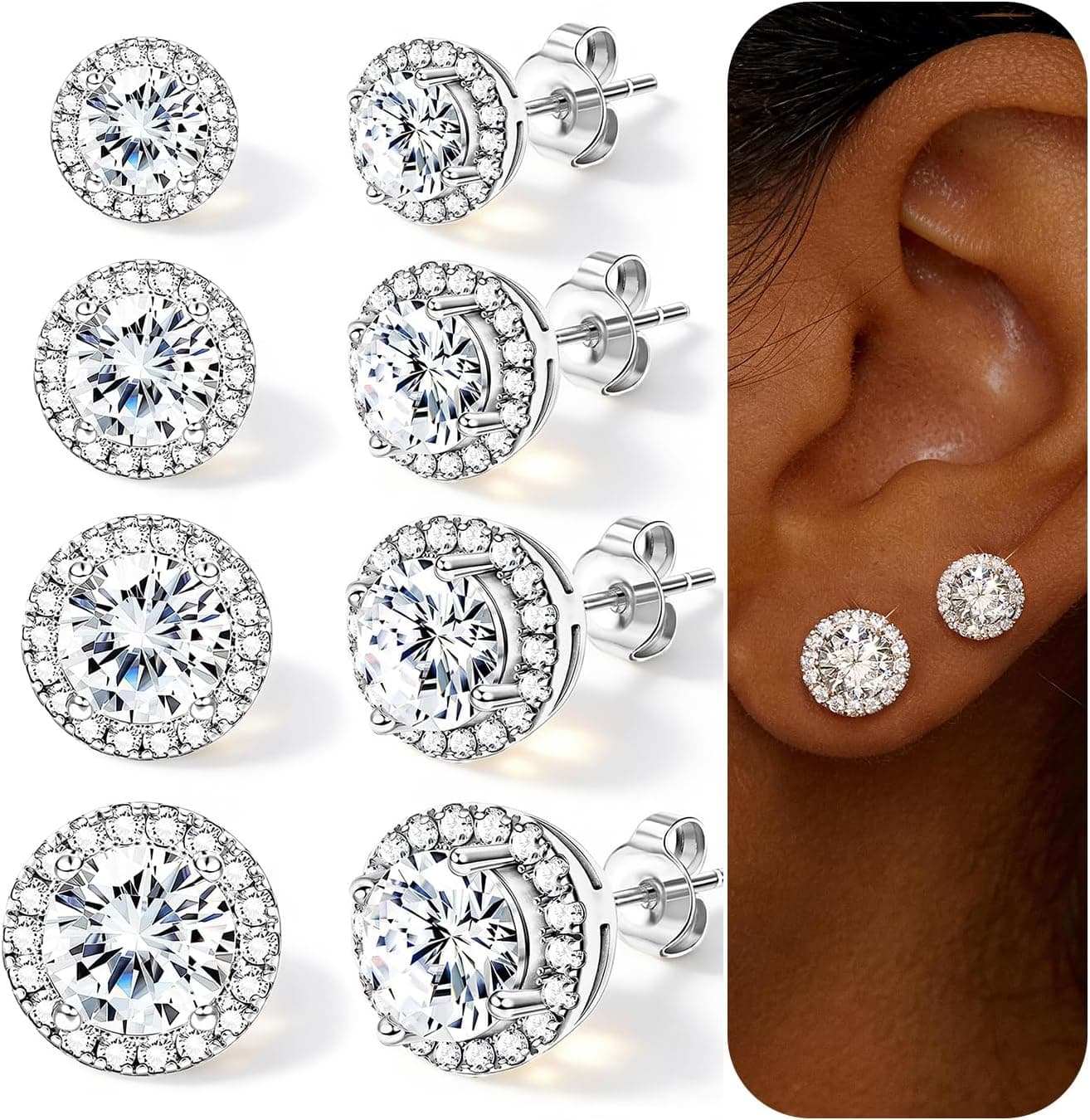 FANDY 4 Pairs Silver Stud Earrings