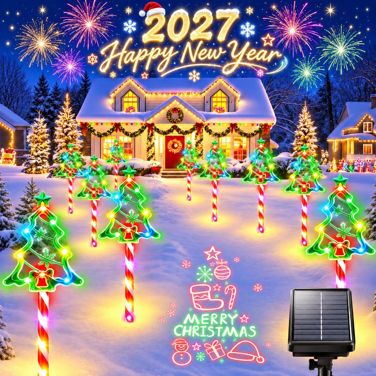 GARPAR Christmas Outdoor Decorations 130LED Solar Pathway Tree Stake Lights