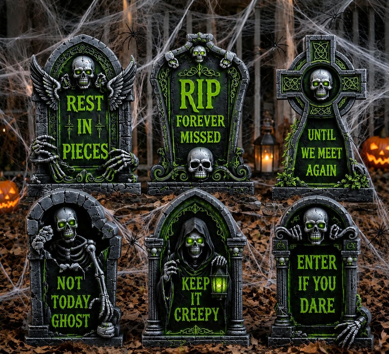 16.5 Inch 6 Pack Halloween Tombstones Outdoor, Graveyard Signs with Stakes