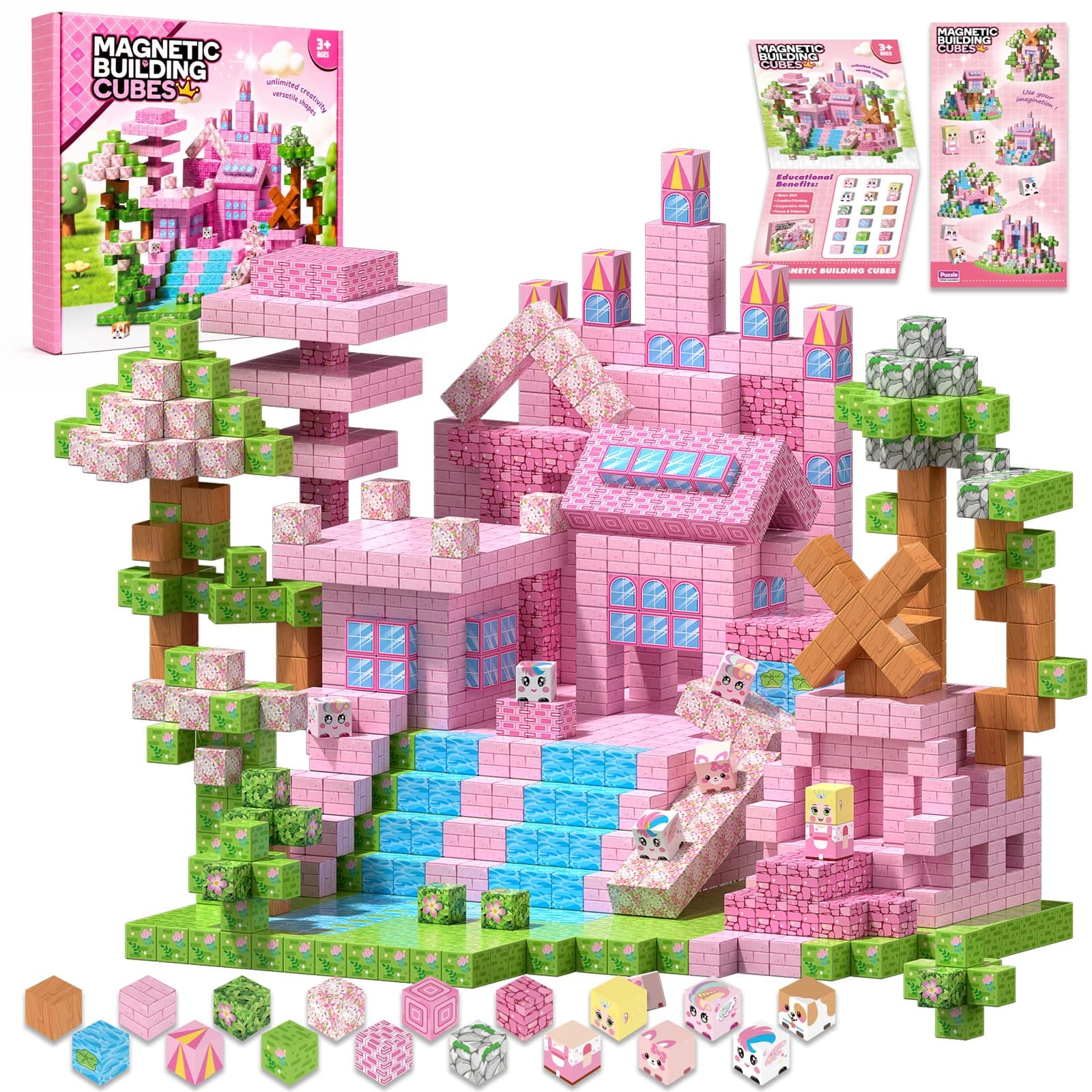 Magnetic Blocks 100PCS Pink Castle Building Set for Kids Ages 3+
