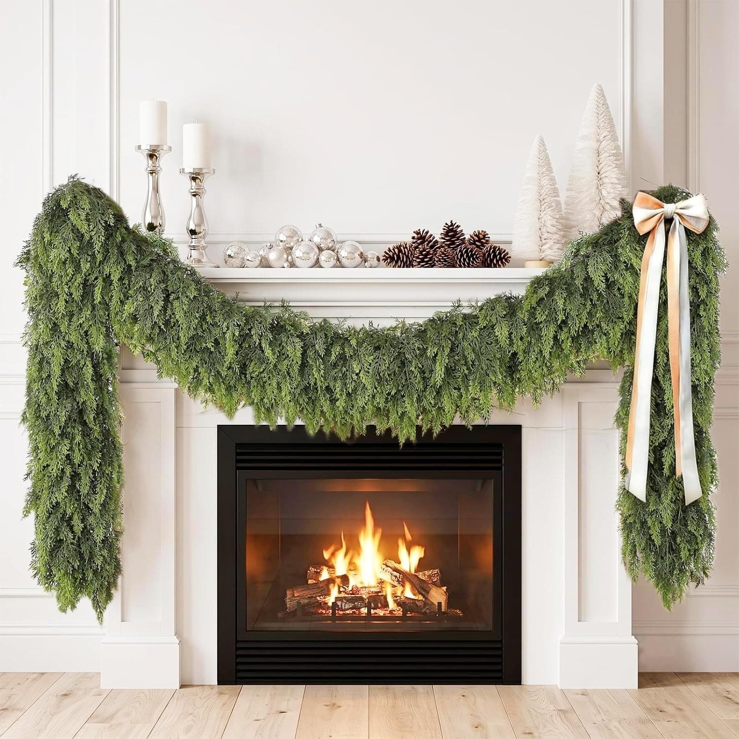 9Ft Christmas Cedar Garland, Real Touch Soft Greenery Christmas Decorations, Realistic Thick Full Lush Artificial Garland, Fireplace Mantel Staircase Railing Front Door Porch Window Indoor Home Decor