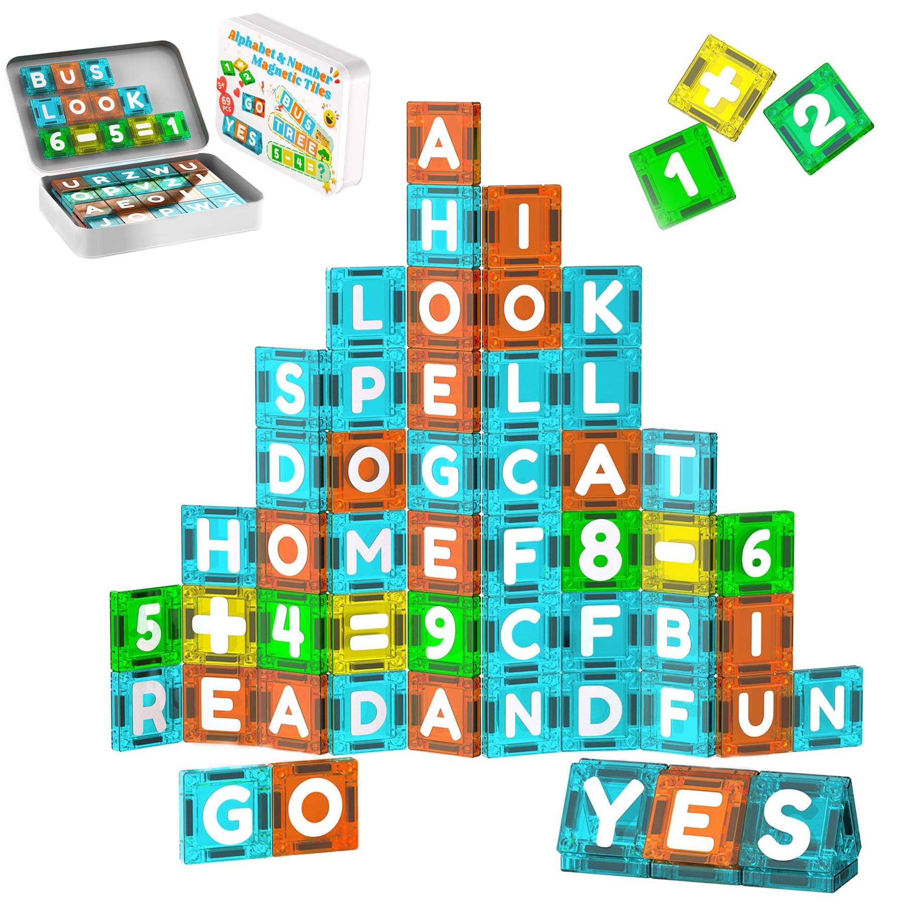 SKTMYY Magnetic Tiles Letters & Numbers, 69PCS Alphabet ABC Learning Toys
